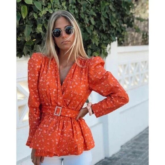 Zara Floral Puff Sleeve Blouse Size XL Red - Picture 1 of 6